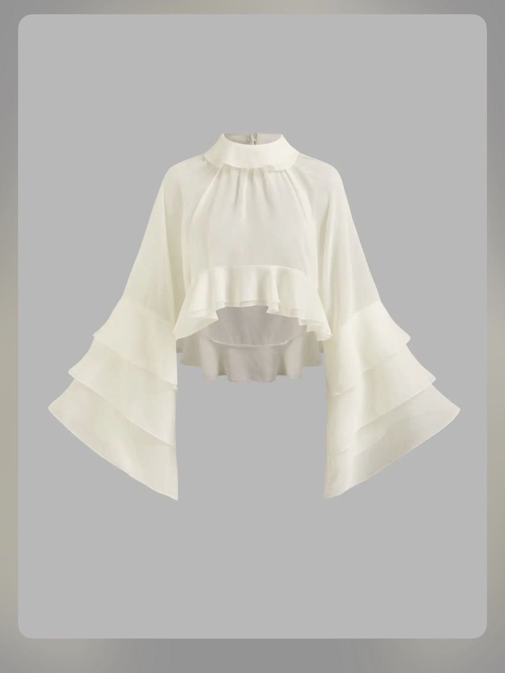 CHIFFON HIGH NECK RUFFLE DOLMAN SLEEVE SEE-THROUGH CROP BLOUSE L - Picture 2 of 8